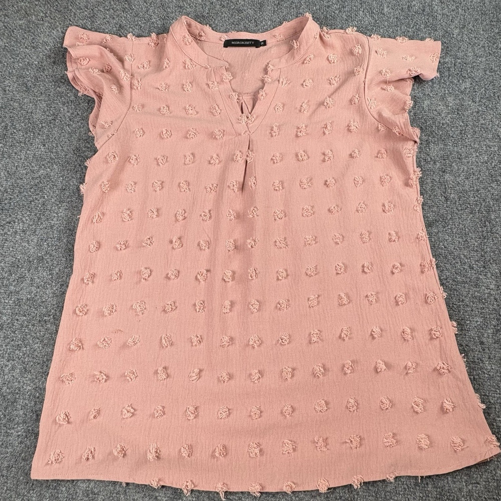 Merokeety Blouse Womens M Pink Textured Dot Ruffle Sleeve Boho Cottage Fairycore